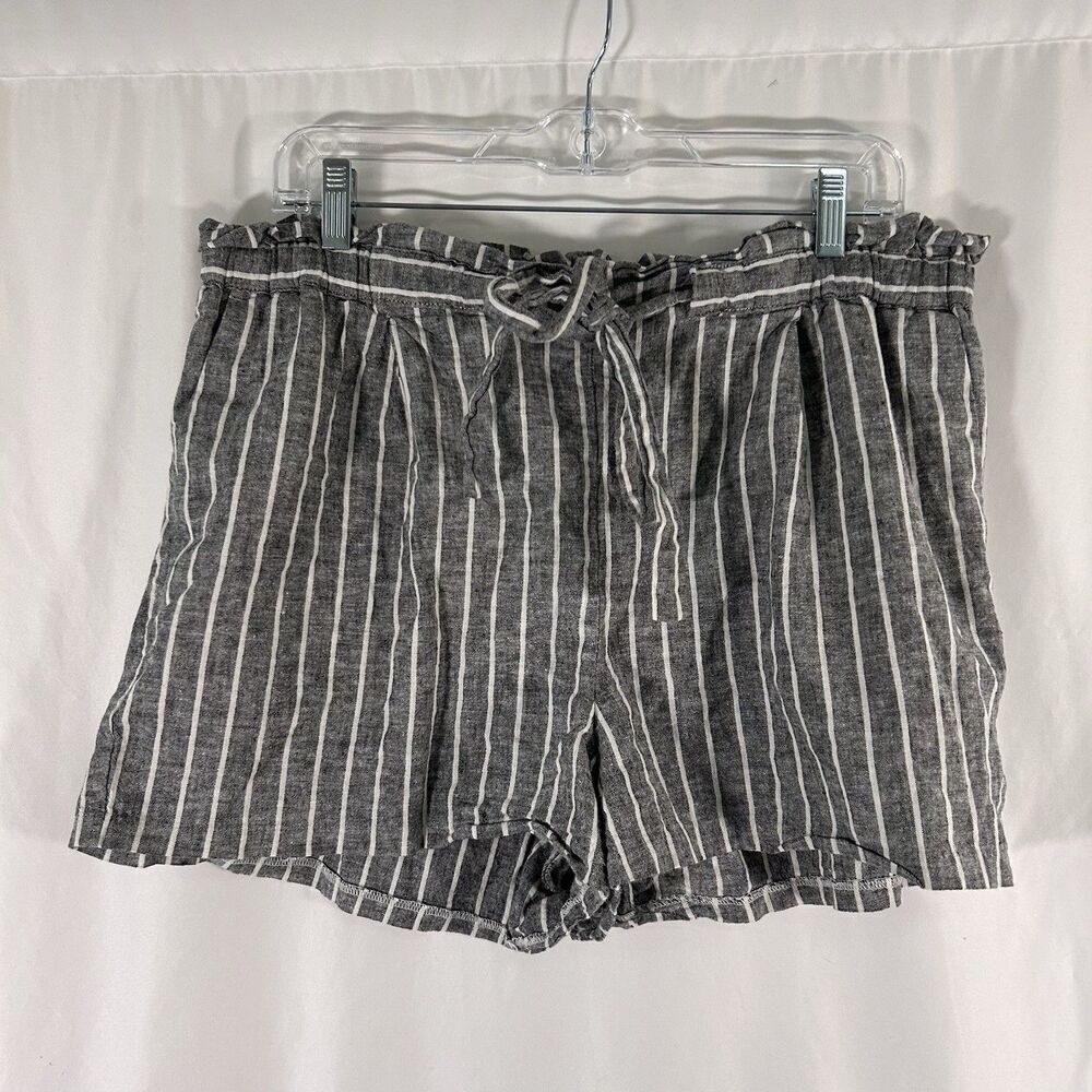 Express Linen Blend Shortie Shorts Womens Large Grey White Striped High Rise Tie